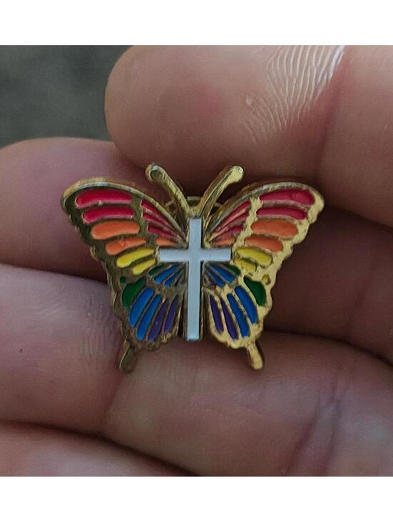 Unique Vintage Jewelry - 1980's Rainbow Butterfly With White Cross Gold Tone Enamel Pin